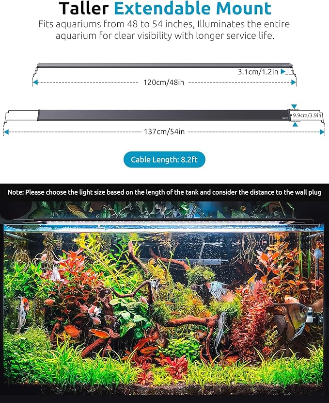 SEAOURA Plant Growth Aquarium Light, 24/7 Custom Timer, Power-Off Memory, 48-54in Full Spectrum Aquarium Plant Lights, 7-Row LED 8 Colors, 20 Adjustable Brightness, Day & Night Cycle for Freshwater