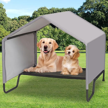 Dog Shade Shelter Outdoor Tent for Large Medium Dogs, Outdoor Pet Tent Weatherproof, Outside Sun Rain Canopy Pet Houses with Elevated Dog Bed for Dogs, Small Animals and Livestock,3.4'x3.4'x3.2', Grey