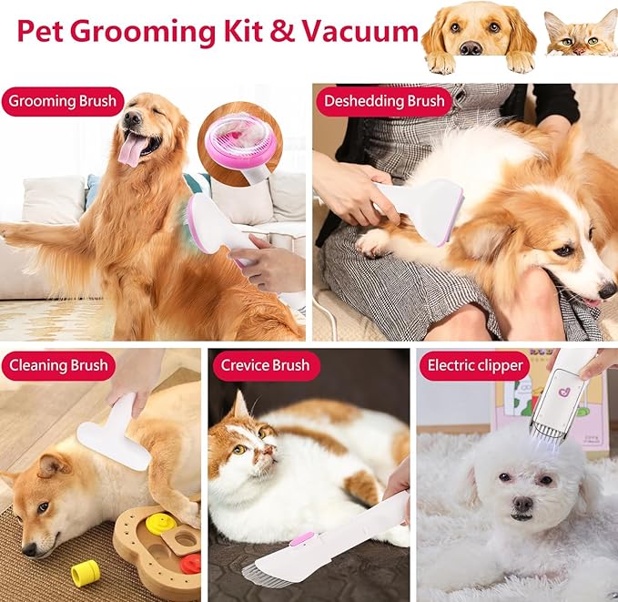 IDEALHOUSE Dog Hair Vacuum and Grooming Kit, 2L Dust Cup with 5 Grooming Tools, High Suction Power for Shedding Pet Hair, Low Noise for Stress-Free Grooming, Home Cleaning, White and Cherry Blossom