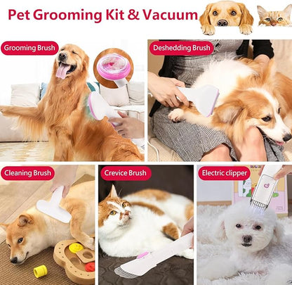 IDEALHOUSE Dog Hair Vacuum and Grooming Kit, 2L Dust Cup with 5 Grooming Tools, High Suction Power for Shedding Pet Hair, Low Noise for Stress-Free Grooming, Home Cleaning, White and Cherry Blossom