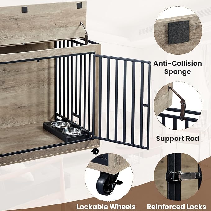 Rovibek 39" Dog Crate Furniture with Rotatable Bowls, Wooden Dog Crate End Table, Decorative Heavy Duty Dog Kennel Furniture Indoor with Double Doors 4 Wheels, Gray