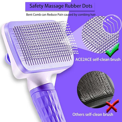 ACE2ACE Self-Cleaning Slicker Brush for Long and Short Pet Fur - Removes Hair With One Button