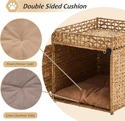 Cat House, Natural Cat Cave Pet Cube, Handwoven Cat Beds Indoor Cat Hideaway with Bed Mats, Double-Layer Design, for Multi Small Pet in Living Room Bedroom