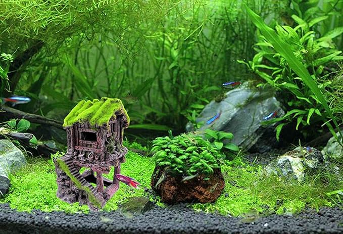 M2cbridge Aquarium Decorations Fish Hideout House Betta Cave with Green Lifelike Moss (Style 4)