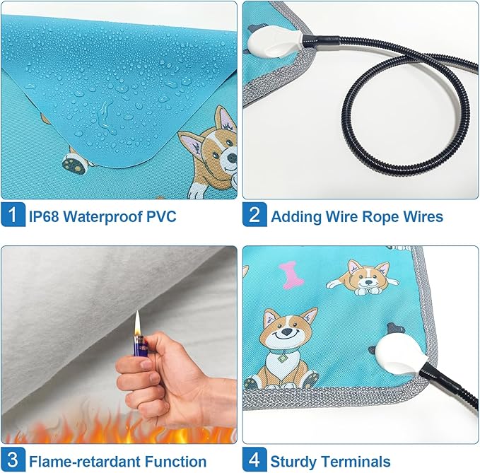 Dog Heating Pad for Dogs 28x18in Waterproof Pet Heating Pad Smart Thermostat Switch, Whelping Supplies Heated Dog Bedï¼_dding Wire Rope Wires Puppy Heating Pad Mat-Blue