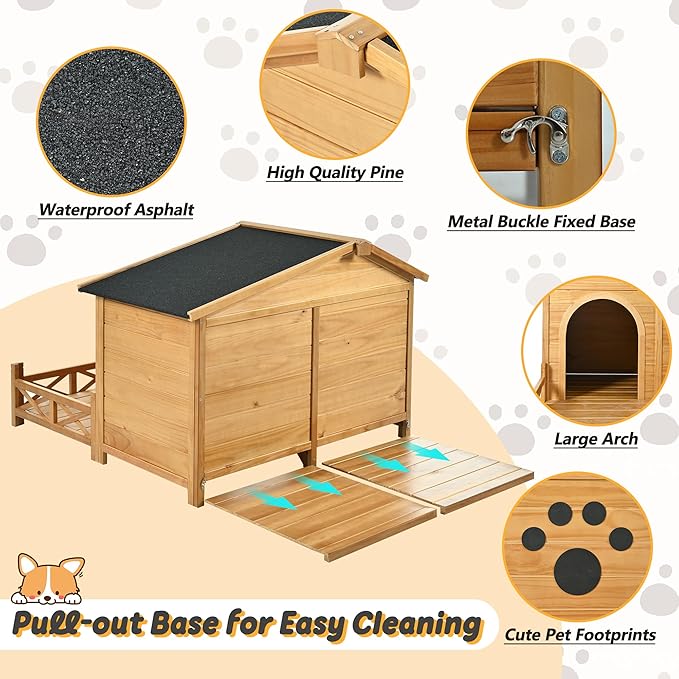 48" Wooden Dog House,Dog Kennel with Wide Porch,Water-Resistant Asphalt Roof and Fence,Indoor & Outdoor Dog Crate W/Paw Print Design,Easy Assembly & Cleaning,for Medium Dogs,Natural
