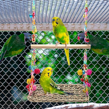 Bird Swing Toys Coolrunner Bird Hammock Bed Hanging Swing Nest Cotton Weave Hemp Rope Bird Seagrass Swing Toys with Colorful Bells Bird Swing Toys for Parakeets, Budgie, Conure, Cockatiel
