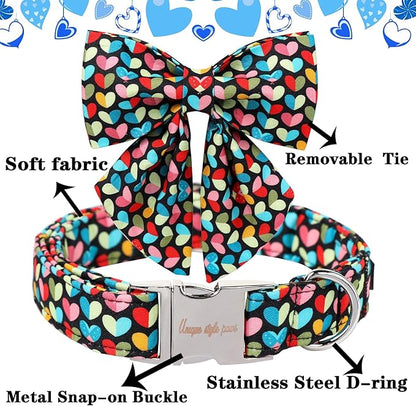 Unique Style Paws Valentine's Day Dog Collar with Bow Colorful Heart Love Dog Collars for Small Medium Large Dog New (S, Heart Bowtie)