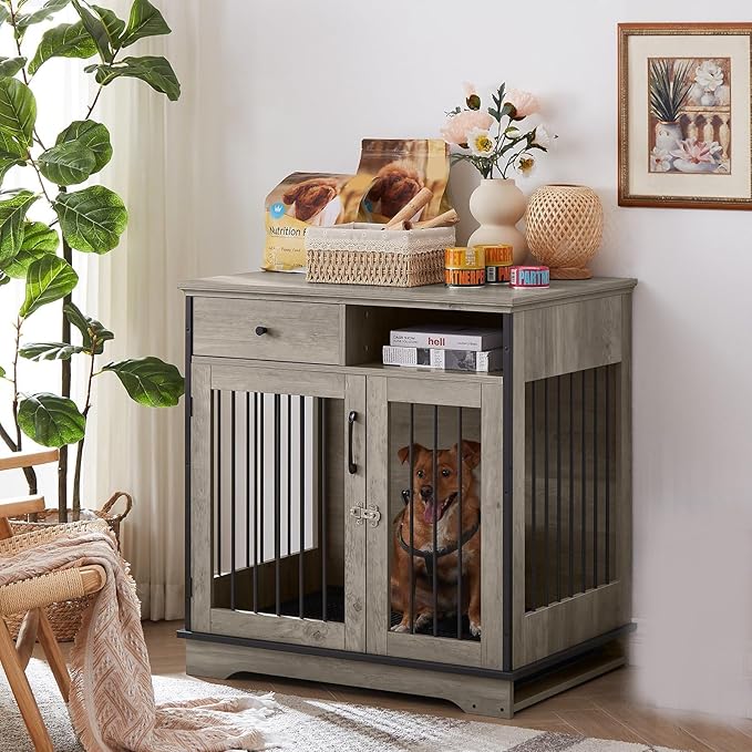 32Inch Dog Crate Wooden Lockable Dog Kennel with Removable Tray and Storage Drawer Indoor Dog Crate Furniture End Table Pet Cage 32.3'' W x 22.8'' D x 33.5'' H Grey