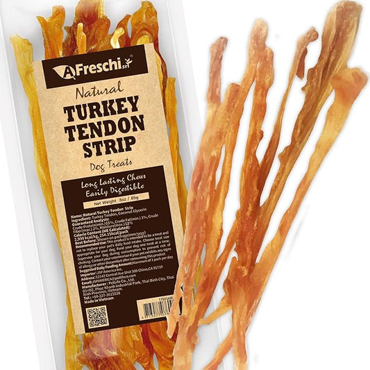 Afreschi Natural Turkey Tendon Strip 3 oz, All Natural Human Grade Puppy Chew, Turkey Sourced from USA, Hypoallergenic, Easy to Digest, Rawhide Alternative