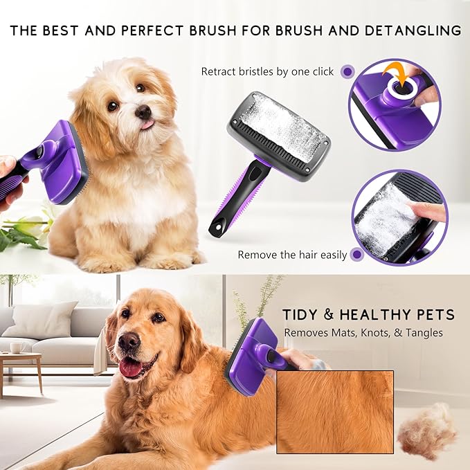 Dog Brush Kit  4-in-1 Grooming Set with Self-Cleaning Slicker Brush & Undercoat Rake for Small, Medium & Large Long-Haired Dogs, Cats & Pets, Reduces Shedding, Tangles & Mats, Easy to Use