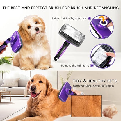 4 in 1 Pet Grooming Kit, Self Cleaning Slicker Brush for Dogs Cats & Small Animals, Dog Brush for Shedding Short Long Haired Dogs. Removes Loose Undercoat, Tangled Hair, Bath Brush