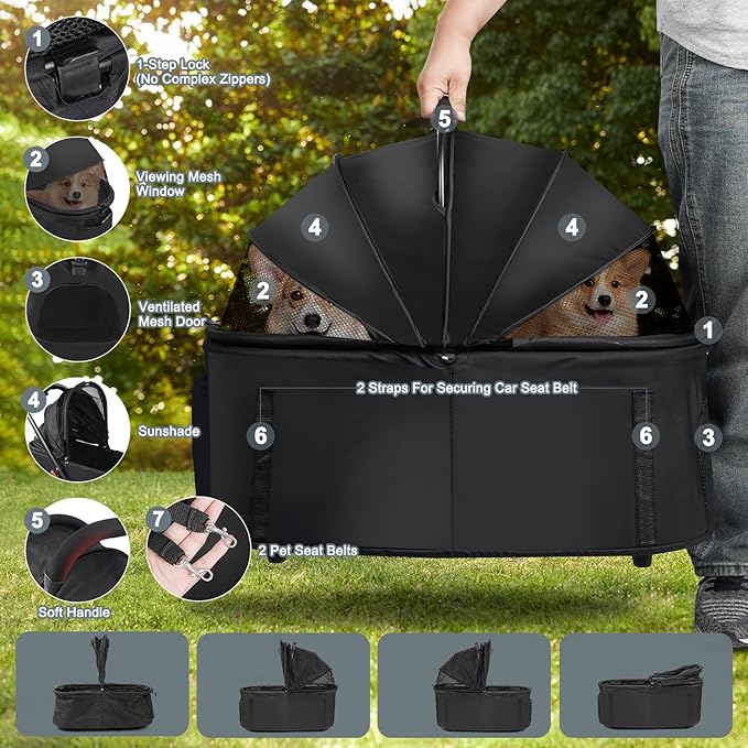 Dog Stroller, 3 in 1 Folding Cat Stroller, 4 Wheels Pet Stroller for Medium/Small Dogs, Puppy Stroller with Detachable Carrier&Storage Basket, Dog Strollers with Sun Shade&Breathable Visible Mesh