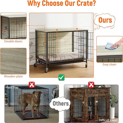 Dog Crate Furniture, 38.6" L Indoor Kennel with Double Doors, Wheels & Removable Tray, Sturdy Dog Cage with Easy Assembly, Rustic Grey