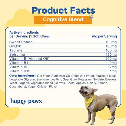 Happy Paws Cognitive Supplement for Dogs, Soft Chews with Taurine, Spirulina, CoQ10 & Vitamins B1, B3, B12, Supports Natural Cognitive Function, Memory and Focus, for Small to Large Dogs, 200 Count