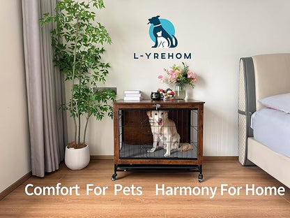 Dog Crate Furniture for Medium Dogs, Decorative Wooden Dog Kennel Cage House Indoor for Puppy Pet with Tray Cushion Foldable Top, Storage Playpen, End Side Table, Medium,31" L,Rustic Brown