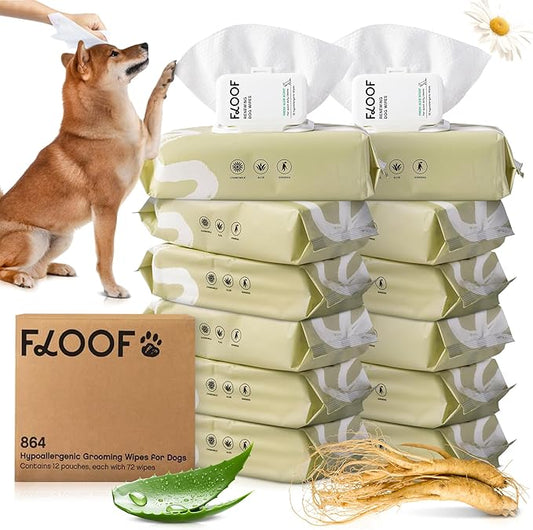 Floof Hypoallergenic Dog Wipes  Natural Aloe Grooming Wipes for Paws Face Ears Eyes & Bum  Vet-Formulated Extra Thick Safe for Puppies & Adult Dogs 864 Count