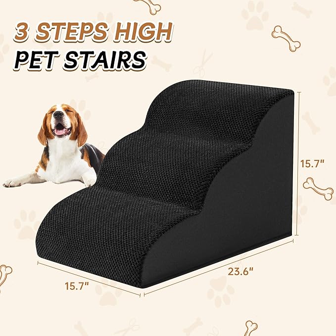 Romrol Dog Stairs Ramp for Beds Couches, Extra Wide Pet Steps with Durable Non-Slip Waterproof Fabric Cover, Pets Slope Stairs, 3-Tiers,Black
