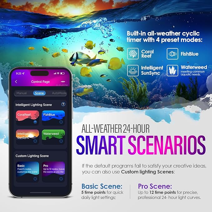 14W Smart Bluetooth App-Controlled Aquarium Light - Customizable Light Colors,Timeable,24/7 User-Defined Sunrise/Sunset Simulation,Tropical Lighting Mode,Suitable for 12-18" Fish Tanks