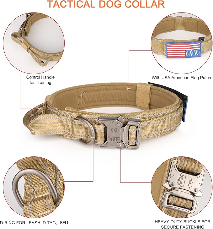 KCUCOP Tactical Dog Collar, Heavy Duty Dog Collar with Handle and Metal Buckle, Military Thick Dog Collars for Medium and Large Dogs(Brown-Reflective Set-M, 1 Patch)
