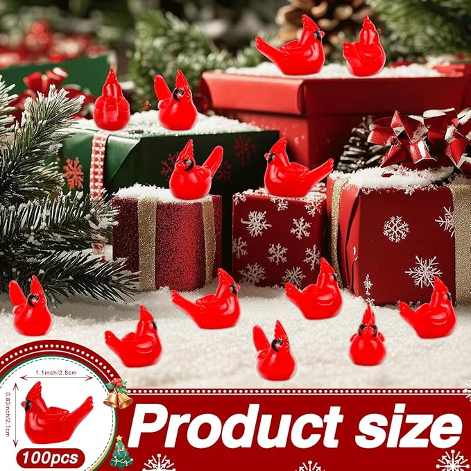 100 Pcs Mini Resin Red Cardinal Bird Figurines – Tiny Cardinal Ornaments for Christmas, Cake Toppers, Garden Crafts, Dollhouse, Fairy Micro Landscape, Party and Home Decorations