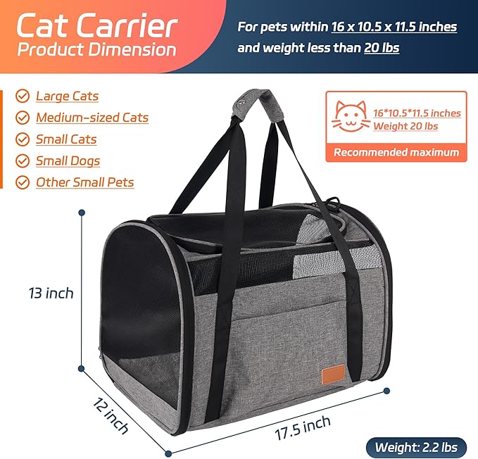 Cat Carrier for Large Cats 20 lbs, Soft Sided Breathable Mesh Cat Travel Carrier, Large Cat Carrier Airline Approved, Washable Pet Carrier for Cats Small Dogs Puppies, Foldable Cat Carrier, Gray