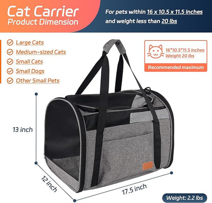 Cat Carrier for Large Cats 20 lbs, Soft Sided Breathable Mesh Cat Travel Carrier, Large Cat Carrier Airline Approved, Washable Pet Carrier for Cats Small Dogs Puppies, Foldable Cat Carrier, Gray