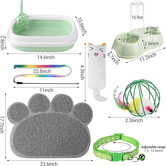 7 Pcs Small Cat Kitten Starter Kit Cat Litter Box with Shovel Paw Litter Mat Double Automatic Kitten Bowls Toy Teaser Stick Collar Essentials Kits for 1-3 Lbs Beginner(Stylish,Fresh Green)