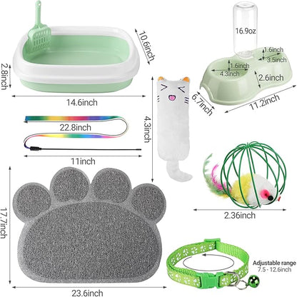 7 Pcs Small Cat Kitten Starter Kit Cat Litter Box with Shovel Paw Litter Mat Double Automatic Kitten Bowls Toy Teaser Stick Collar Essentials Kits for 1-3 Lbs Beginner(Stylish,Fresh Green)