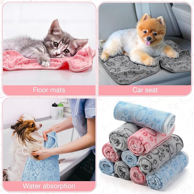 Tegeme 12 Pieces Pet Blanket Soft Fleece Dog Fluffy Doggie Warm Felt Throw Spring Cute Paw Print Puppy Kitten Sleep Mat Bed Covers for Cat(23 x 16 Inch,Multicolor)