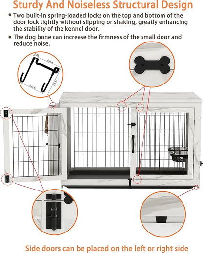 Piskyet Wooden Dog Crate Furniture with 360°Rotatable Removable Dog Bowls, Dog Crate End Table with Tray, Double Doors Dog Kennels for Dogs(XL:43.2" L*28.6" W*30.3" H, Marble White)