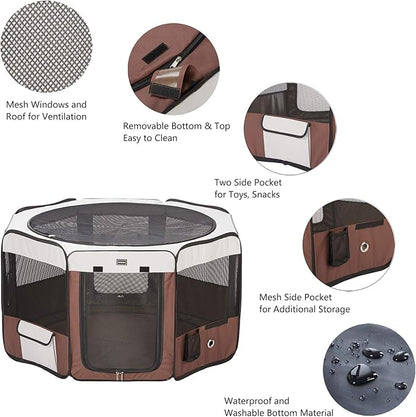 DONORO Dog Playpen 29" Portable Pet Play Pens for Small Dog/Cat/Rabbit/Chicks, Foldable Exercise Kennel Tent Crate Indoor/Outdoor Travel Camping, Removable Top/Bottom (Brown, Small (29"x29"x15"), 8)