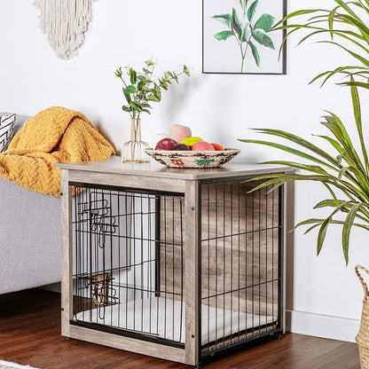 DWANTON Dog Crate Furniture with Cushion, Wooden Dog Crate with Double Doors, Dog Furniture, Dog Kennel Indoor for Small/Medium/Large Dogï¼_nd Table, Small, 27.2" L, Greige