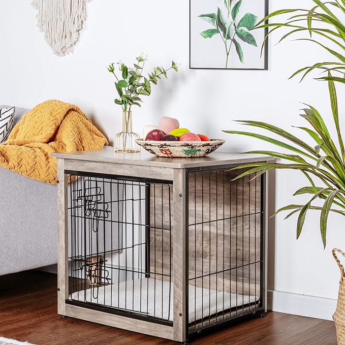DWANTON Dog Crate Furniture with Cushion, Wooden Kennel Table with Double Doors, Indoor Dog House, Small/Medium/Large/Extra Large Size, 27.2" L, Greige
