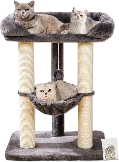 Happi N Pets 28" Cat Tree Tower for Indoor Cats, Tall Cat Scratching Post with Large Bed for Maine Coon Big Cats, Sisal Cat Scratcher with Soft Perch & Hammock, Stable Cat Stand, Removable Cover-Gray