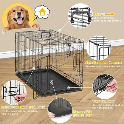 DUMOS 24-Inch Dog Crate, Small Double-Door Folding Metal Kennel with Divider Panel and Leak-Proof Pan, Portable Dog Cage for Indoor, Outdoor, and Travel