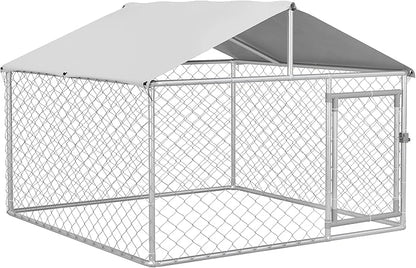 PawHut Large Dog Kennel Outside, Heavy Duty Dog Cage with Waterproof Cover, Outdoor Fence Dog Run with Galvanized Chain Link, Secure Lock, 6.6' x 6.6' x 4.9'