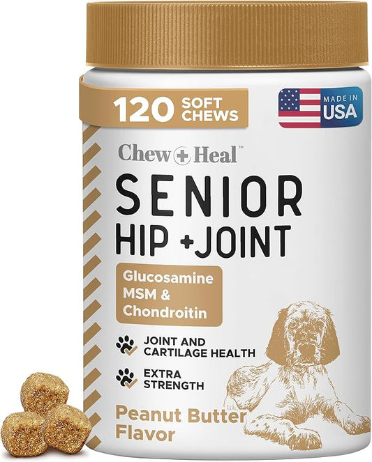 Glucosamine for Dogs Hip and Joint Supplement - 120 Soft Chews for Senior Dogs with Glucosamine, Chondroitin, MSM, and Omegas - for Mobility, Cartilage, and Joint Health - Peanut Butter Flavor