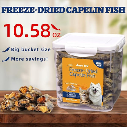 Just Try 10.58 oz Freeze Dried Dog Treats Capelin Fish Raw Single Ingredient Cat Treats High Protein Training Treats Pet Snacks Omega 3 for Skin Coat Health