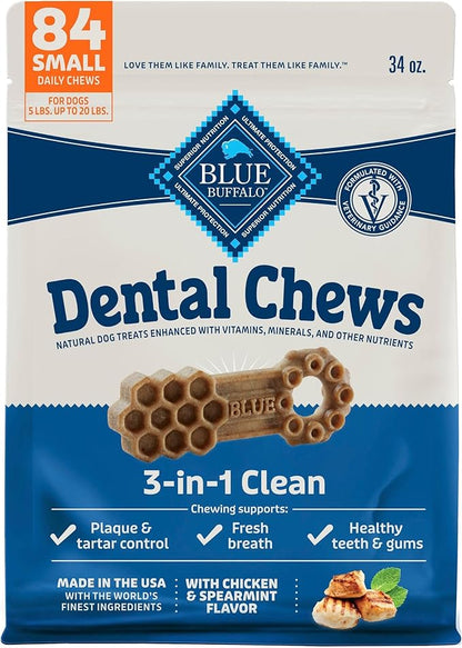 Blue Buffalo Small Dental Chews for Dogs, Daily Dental Care Dog Treats Made in the USA with Natural Ingredients, Chicken & Spearmint (84 Count)
