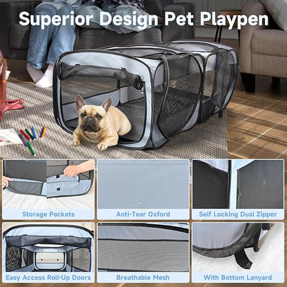 2-in-1 Dog Playpen, 58''Pop Up Cat Puppy Pet Playpen Indoor/Outdoor Cats Enclosed, Cat Dog Tent Crate Cage Kennel, Portable Playpen for Kitten, Small Animals Play Pen(No Divider, Unified Space)