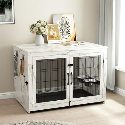 Piskyet Wooden Dog Crate Furniture with 360°Rotatable Removable Dog Bowls, Dog Crate End Table with Tray, Double Doors Dog Kennels for Dogs(XL:43.2" L*28.6" W*30.3" H, Marble White)