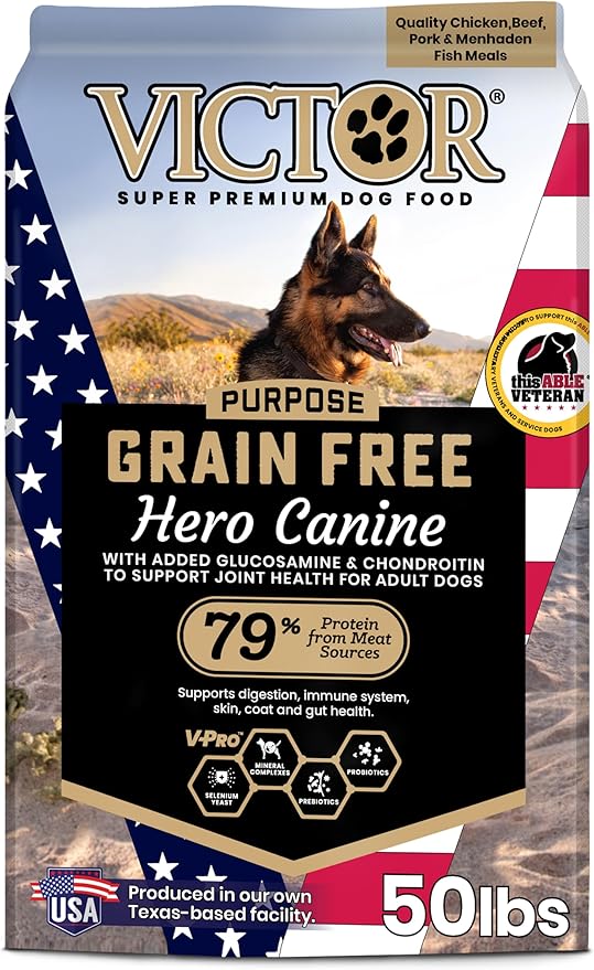 VICTOR Super Premium Dog Food  Purpose Hero Canine Kibble  Premium Gluten Free Dog Food for Active Adult Dogs  High Protein with Glucosamine and Chondroitin for Hip and Joint Health, 50lbs