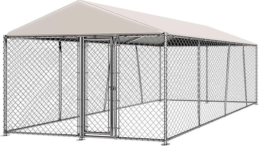 10 x 15FT Large Outdoor Dog Kennel with Roof, Dog Kennel Outside with Waterproof Cover, Galvanized Heavy Duty Chain Link Dog Runs Cage Playpen for Outside with Secure Lock
