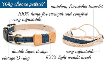 Pettsie Matching Dog Collar Bow Tie, Friendship Bracelet, Durable Hemp for Extra Safety, 3 Easy Adjustable Sizes, Comfortable and Soft for Sensitive Skin, Strong D-Ring for Leash Attachment