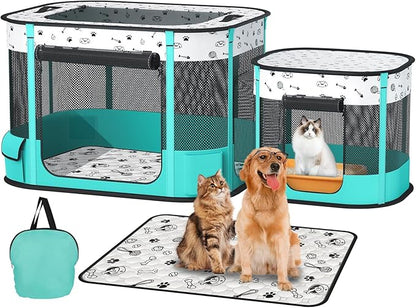 Portable Cat Playpen, Foldable Pet Dog Playpen with Pet Pee Pad, for Kitten Puppy Play Pen Indoor/Outdoor, Cats Enclosure Cages Tent with Carrying Case, 600D Oxford 8-Rods, 32"x24"x22"