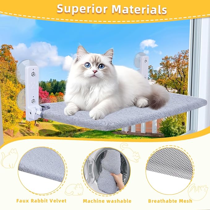 Cat Window Perch, Foldable Cat Window Hammock Sunbathing and Climbing Cats Hammock for Window Bed Bearing 40 Pounds Window Perch for Cats Inside 2-in-1 Reversible Cover (Light Gray)