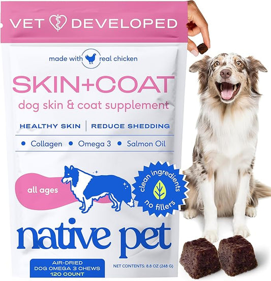 Native Pet Omega Skin and Coat Chews for Dogs - Dog Skin and Coat Supplement for Healthy, Shiny Fur, Reduce Shedding and Dry Spots - Made with Omega 3 Fish Oil and Wild-Caught Salmon Oil - 120 Chews
