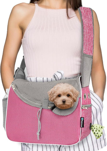 PetAmi Small Dog Sling Carrier, Soft-Sided Crossbody Puppy Carrying Purse Bag, Adjustable Sling Pet Pouch to Wear Medium Dog Cat Travel, Dog Bag for Traveling, Breathable, Poop Bag Dispenser, Pink