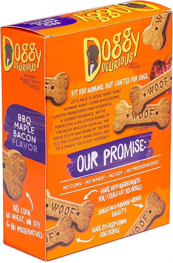 Crunchy Dog Treats  for All Pet Sizes, Breeds  All-Natural Puppy Treat  100% Human-Grade  Delicious Pet Treat Bones, Snacks for Dogs  BBQ Maple Bacon, 16 Oz.
